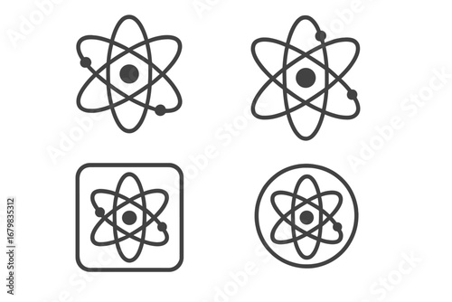 Atom icon set. Science symbol for physics, chemistry. Nuclear energy, molecule, particle structure. Quantum mechanics concept pictogram for web, app. Vector line art illustration.