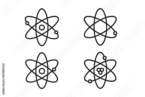 Atom icon set. Science and physics line icons. Vector symbols for nuclear energy, chemistry, quantum mechanics. Editable stroke illustration for web and apps. Scientific concept.