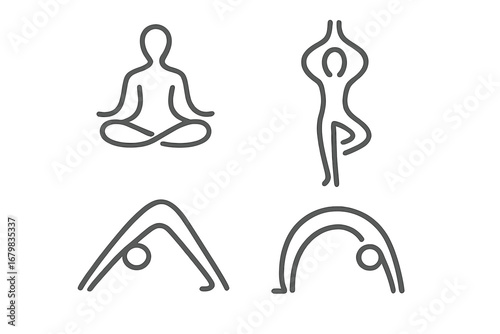 Set of linear yoga pose icons. Abstract person silhouette for meditation, balance, and stretching. Minimalist vector logo design for wellness, fitness, and spiritual health concept.