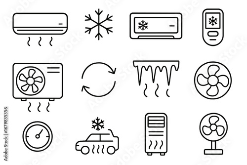 Air conditioner line icon set. Cooling, ventilation, and climate control symbols. Vector collection of cold air fan, snowflake, hvac system, and temperature pictograms.