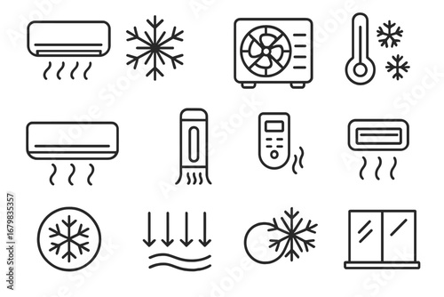 Air conditioner line icon set. Cooling, ventilation, climate control. Vector outline icons for HVAC service, remote, cold air flow, temperature, fan, snowflake pictogram.