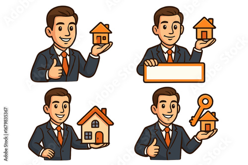 Real estate agent character set. Realtor mascot collection. Businessman holding house, key, and blank sign. Property sale, rent, and mortgage concept vector illustration.