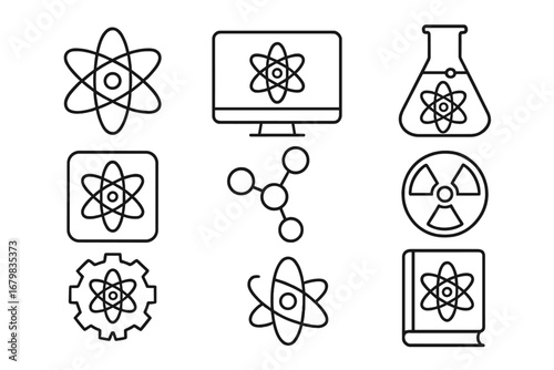 Atom and science thin line icon set. Vector symbols for physics, nuclear energy, chemistry, research, technology, molecule, radiation, and education. Editable stroke graphics.