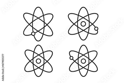 Atom icon set. Science symbol collection. Physics, chemistry, nuclear energy concept. Atomic particle, molecule, electron structure. Line art vector illustration for design.