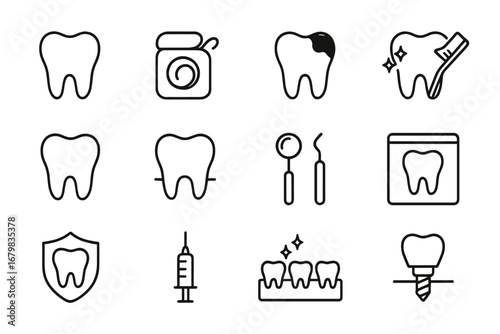 Dentistry line icon set. Dental care, oral hygiene, stomatology vector icons. Teeth, floss, caries, implant, cleaning, x-ray, treatment, protection outline symbols for web.