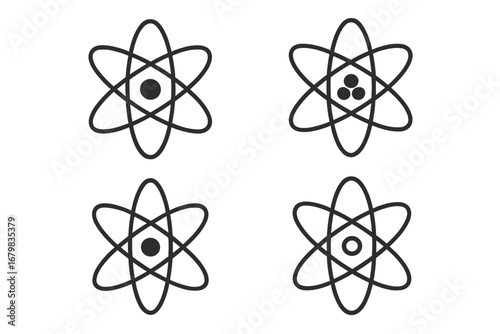 Atom science icon set. Atomic structure, particle, molecule symbols. Nuclear physics, chemistry, and quantum research concept. Simple isolated line vector illustration pack.
