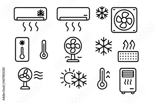 Air conditioning and heating line icon set. Climate control collection with fan, cool air, ventilator, snowflake, and thermometer symbols. Vector outline pictogram for web.