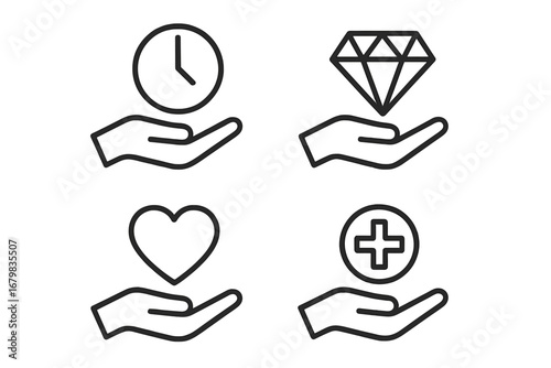 Charity and donation line icon set. Giving time, money, love, and health. Volunteer support, humanitarian aid, and social care vector symbols for web, app, and graphic design.