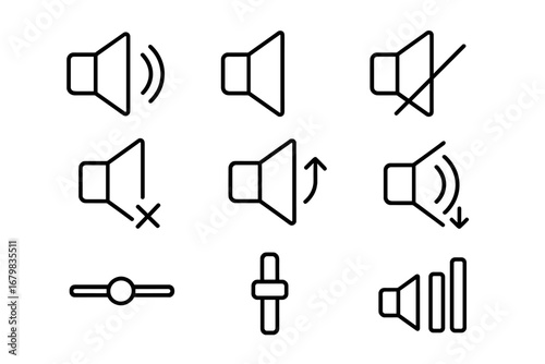 Loudspeaker icon set. Volume control symbols for user interface design. Audio sound level, mute, silent mode, and speaker on/off buttons. Simple line art vector illustrations.