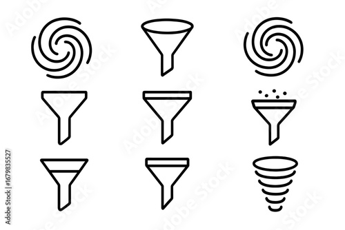 Collection of filter and funnel line icons. Vector signs for sales pipeline, data conversion, and lead generation. Business process, marketing, and analysis symbols.
