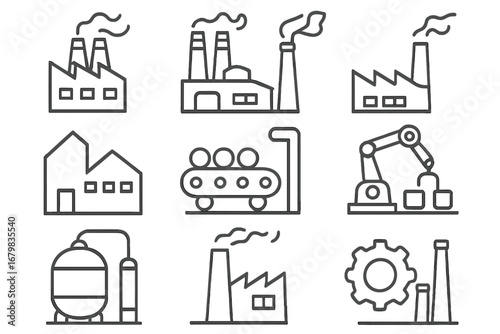 Factory and industry line icon set. Vector symbols of manufacturing, production, power plant, robotic arm, conveyor belt. Outline industrial signs for web and graphic design.
