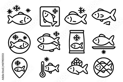Frozen fish and seafood line icon set. Vector outline pictograms for the food industry, grocery stores, and packaging. Concepts for freezing, cold storage, and temperature.