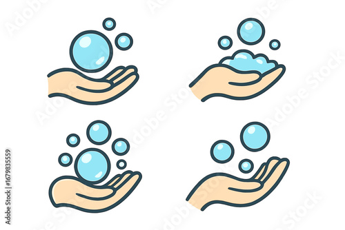 Hand washing icon set. Vector illustration of hands with soap foam and bubbles. Hygiene, cleanliness, and sanitation concept. Personal care and health protection symbols.