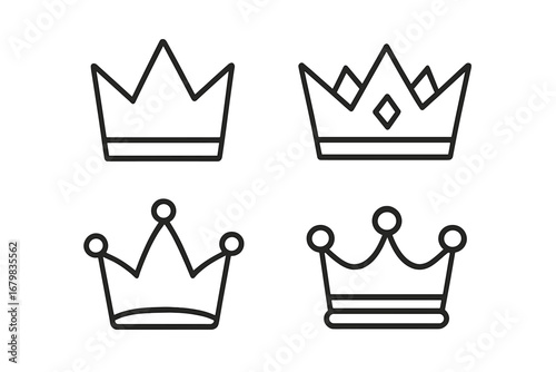 Crown icon set. Line art collection of royal symbols. King, queen, prince and princess headwear for logo design. Monarchy and power concept. Simple minimalist vector shapes.