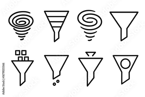 Filter and funnel line icon set. Vector collection of outline signs for data sorting, conversion, and sales funnels. Vortex and whirlpool symbols for graphic and web design.