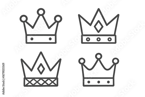 Set of crown icons in a simple outline style. Royal king and queen symbols for logo design. Vector collection of monarchy and power emblems. Minimalist luxury heraldic elements.