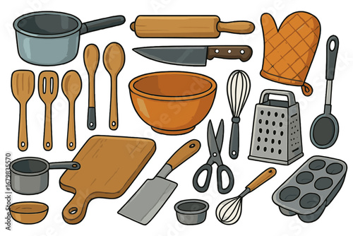 Vector set of kitchen utensils. Cartoon collection of cooking and baking tools. Food preparation essentials icon pack. Culinary equipment for home cooking, restaurant or cafe.