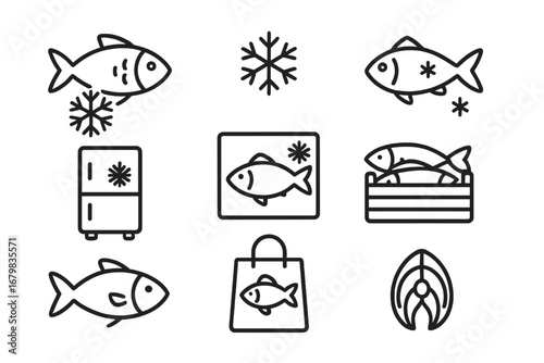 Frozen fish and seafood line icon set. Vector symbols for fresh fish steak, freezer storage, food packaging, and grocery shopping for web design, apps and adverts.