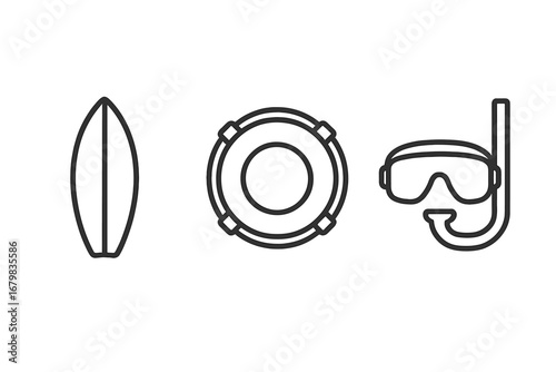 Summer beach vacation line icon set. Surfboard, lifebuoy, and diving mask symbols. Water sports and sea safety concept. Minimal outline pictogram for web, app, and travel design.