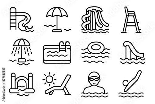 Water park line icon set. Aquapark and swimming pool thin line pictograms. Summer vacation, water slide, sunbathing and swimming outline symbols for web and graphic design.