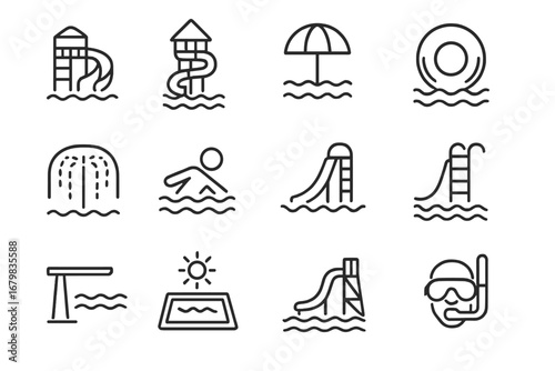Water park line icon set. Aquapark and swimming pool vector signs. Summer vacation, leisure and entertainment symbols. Water slide, tube, diving board, swimmer outline icons.