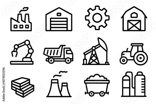 Industry and agriculture line icon set. Vector outline signs for factory, warehouse, gear, farm, oil pump, truck, tractor. For graphic design, web, apps, ads. Production concept.