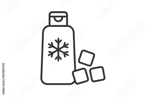 Cooling shampoo or conditioner icon. Refreshing cosmetic product with ice cubes and snowflake. Menthol shower gel. Winter hair care line art vector illustration for design.