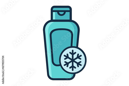 Winter hair care conditioner icon. Cooling menthol shampoo bottle with snowflake symbol. Cold fresh cosmetic product concept. Outline vector illustration for beauty, hygiene.