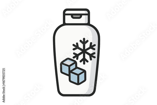 Cooling conditioner or shampoo vector icon. Bottle with ice cubes and snowflake symbol for winter hair care. Refreshing cosmetic product concept. Cold therapy treatment.