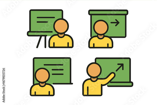 Set of presentation icons. Business training, seminar, and workshop concept. Teacher or speaker at blackboard. Education and learning pictogram. Corporate coaching and strategy.