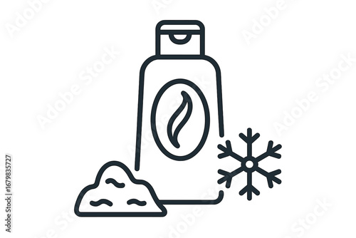 Cooling conditioner or shampoo with snowflake. Hair care product with menthol, ice effect. Winter cosmetic. Hygiene and beauty outline icon. Vector linear symbol for design.
