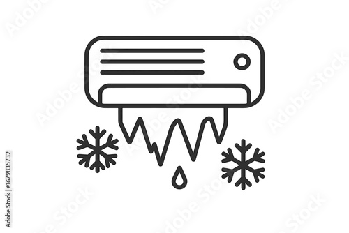 Air conditioner freezing, creating ice, snow and water drip. AC unit line icon for climate control. Winter frost concept. HVAC system malfunction, broken cooler vector symbol.