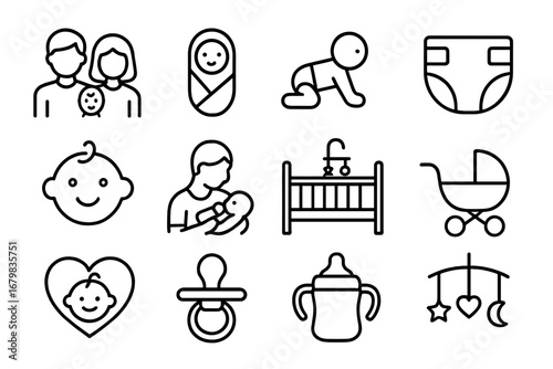Baby and family line icon set for newborn care. Vector outline symbols of parenting, childcare, feeding, diaper, stroller, crib, pacifier for web design, app, and infographics.