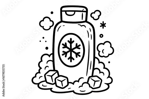 Winter conditioner with ice and snow outline symbol. Cooling cosmetic product concept. Refreshing shampoo, shower gel, or lotion bottle. Vector cartoon icon for beauty and hygiene.