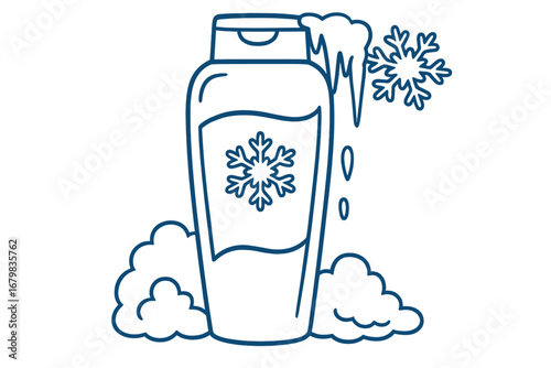 Shampoo bottle line icon with snowflake. Cooling conditioner concept with ice and snow. Winter fresh menthol cosmetic product. Vector outline illustration for hair care gel.