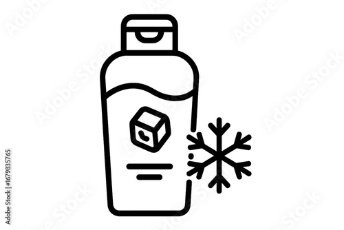Cooling conditioner with ice and snow line icon. Refreshing shampoo with menthol. Winter hair care cosmetic product. Freshness, cold therapy, hygiene, purity symbol.