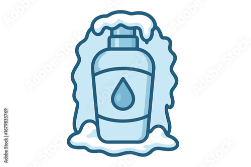 Cooling conditioner or shampoo bottle with ice and snow. Vector icon for cosmetics with menthol effect. Frozen hair care product. Freshness and winter concept illustration.