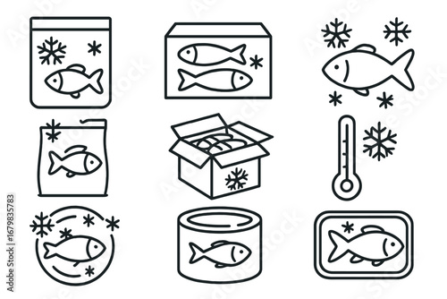Frozen fish and seafood line icon set. Vector collection of outline symbols for food packaging, grocery store products, and preservation. Includes canned fish, box, bag, and cold signs.