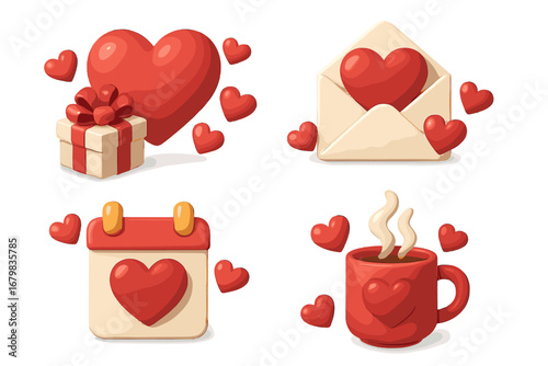 Valentine's Day 3D icon set. Cute plasticine render style objects. Romantic collection with red heart, gift box, love letter, calendar date, hot coffee mug. Vector.