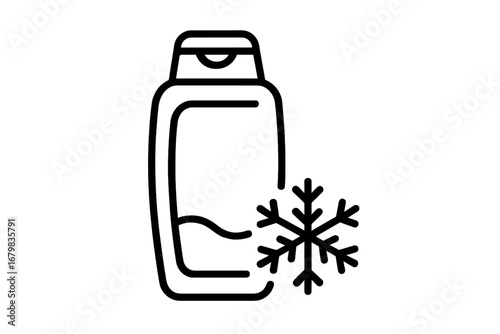 Cooling conditioner shampoo icon. Winter hair care product with snowflake symbol. Cosmetic bottle with ice menthol effect. Outline vector for web, app, packaging design.