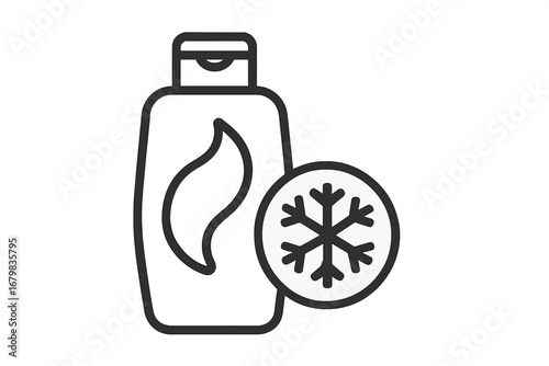 Vector outline icon cosmetic bottle with fire and snow symbols. Concept of hot and cold effect. Cooling and heating balm, conditioner or gel. Fire and ice duality symbol.