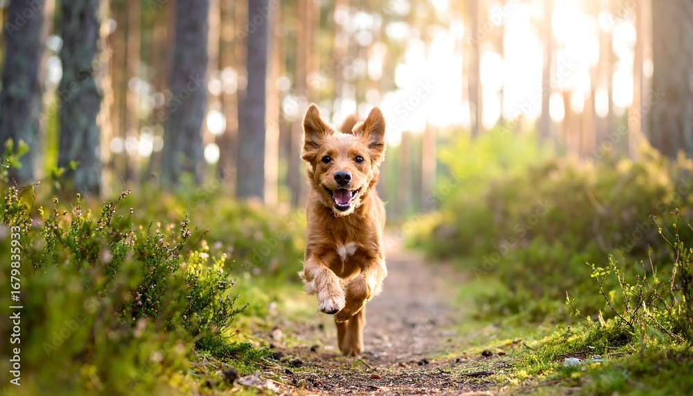 Naklejka premium Happy dog running on a forest path during golden hour.