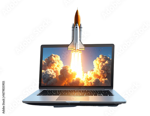Laptop with Rocket Launching from Screen, Digital Illustration, Isolated