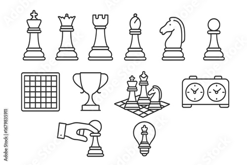 Chess game thin line icons set. Business strategy, competition, and success concept. Vector symbols of chessboard, king, queen, pawn, trophy, and clock. Intellectual game.
