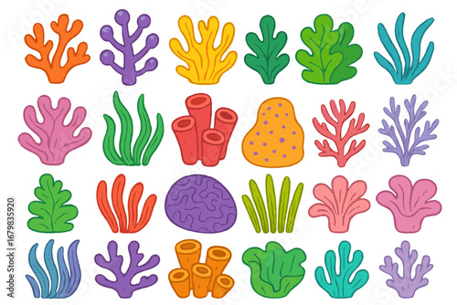 Colorful sea plants and corals set. Whimsical cartoon vector illustration collection for aquatic decor. Underwater ocean life and marine reef seaweed design elements icons.