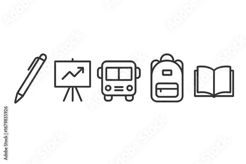 School and education line icon set. Back to school concept with pen, presentation chart, bus, backpack, book. Minimal linear pictogram bundle. Editable stroke vector graphic.