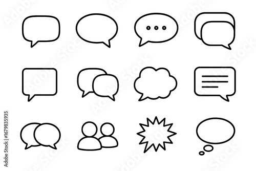Speech bubble line icon set for web and graphic design. Vector collection of chat, message, dialogue, and communication symbols. Outline think and talk signs for apps and UI.