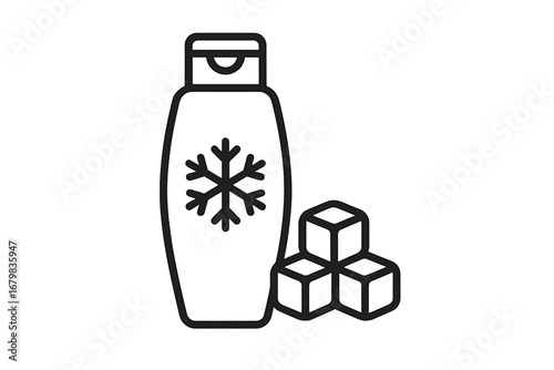 Cooling conditioner or shampoo with ice cubes and snowflake. Concept of cold, fresh menthol for hair care. Cosmetic product bottle. Minimalistic thin line vector icon.