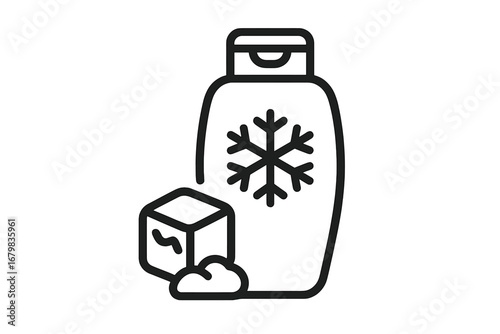 Cooling hair conditioner icon with snowflake and ice. Menthol shampoo for fresh scalp sensation. Winter hair care product concept. Vector outline logo for cosmetic design.