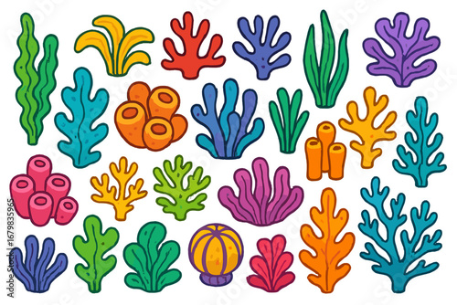 Colorful cartoon sea plants and corals set. Vector collection of whimsical underwater seaweed, algae. Ocean marine life illustration for aquatic decor. Cute nature elements.